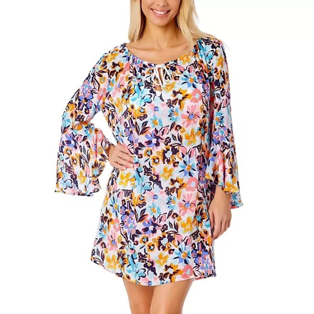 Anne Cole Limited Edition Floral Swim Cover-Up V-Neck Flounce Sleeve XS/S